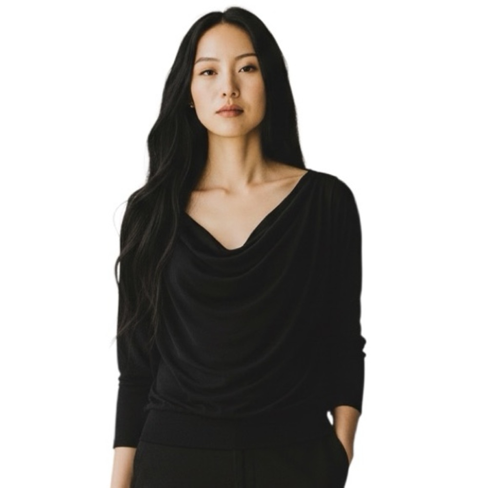 Elegant Laundry By Shelli Segal Cowl Neck Top. 3/4 Sleeve Blk. Banded Hem Sz. L